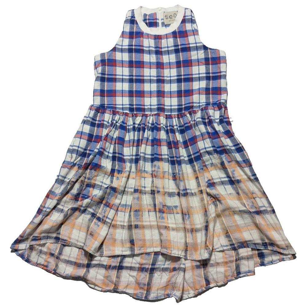 SEA NEW YORK Women 2 Blue Plaid Bleach Dip Dye Cotton Sleeveless Dress